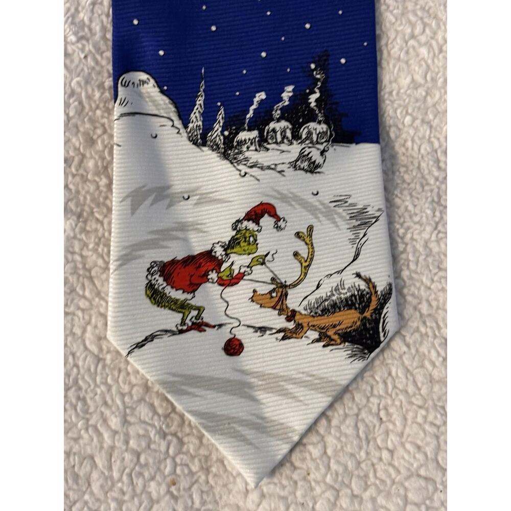 Dr. Seuss Grinch Christmas Necktie Blue Snow Scene Holiday Novelty Tie Mens